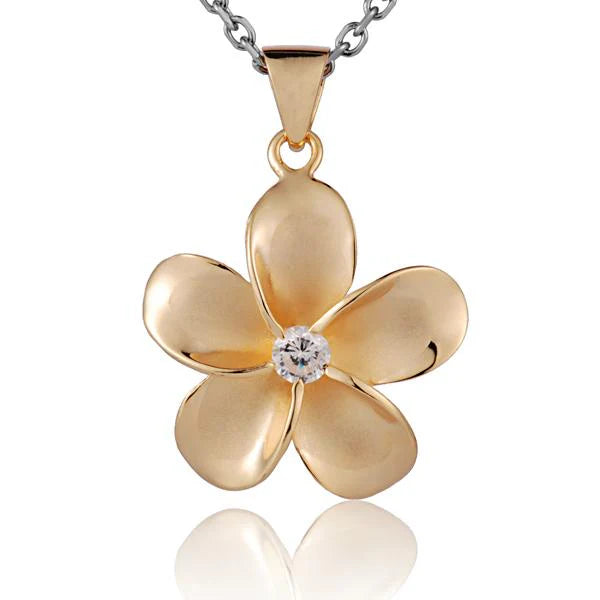 Hawaiian 925 Sterling Silver plumeria CZ pendant with yellow gold plating, 25mm, featuring intricate flower design.