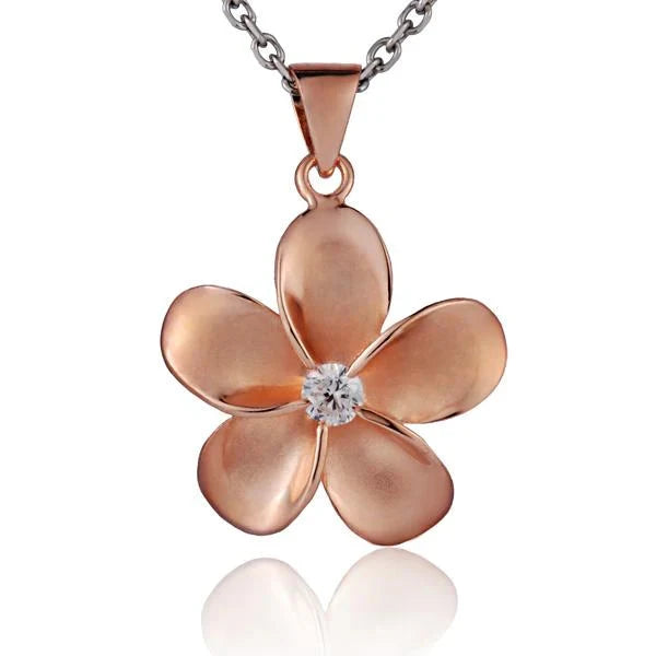 Hawaiian 925 Sterling Silver plumeria CZ PG plated pendant, 25mm, featuring a floral design with sparkling cubic zirconia.