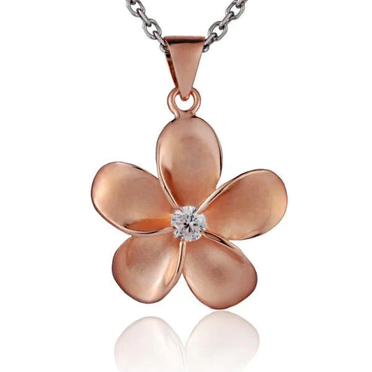 925 Sterling Silver Plumeria CZ PG Plated Pendant, 25mm, featuring a floral design with sparkling cubic zirconia accents.