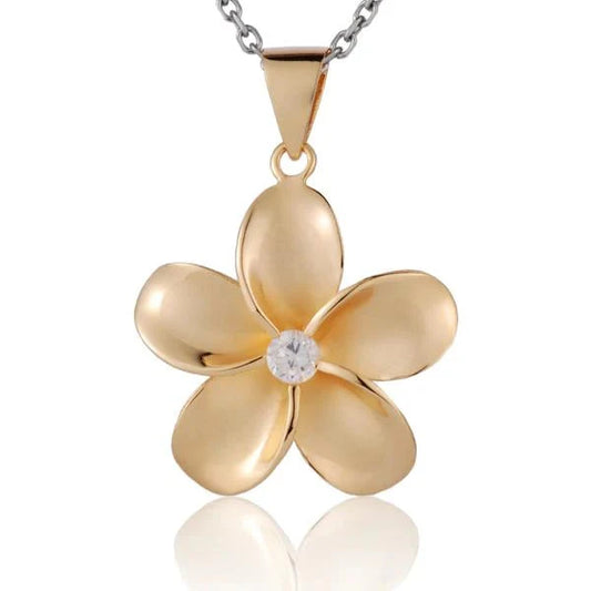 Sterling silver Plumeria CZ pendant, 30mm, yellow gold plated, featuring a floral design and sparkling cubic zirconia stones.
