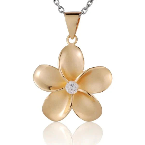 Hawaiian 925 Sterling Silver silver Plumeria CZ pendant with yellow gold plating, 30mm size, featuring intricate floral.