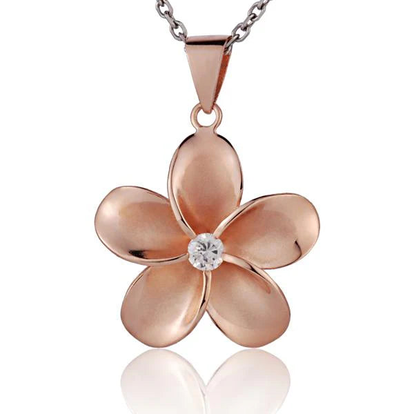 Hawaiian 925 Sterling Silver plumeria CZ PG Plated Pendant, 30mm, featuring intricate floral design and sparkling cubic.