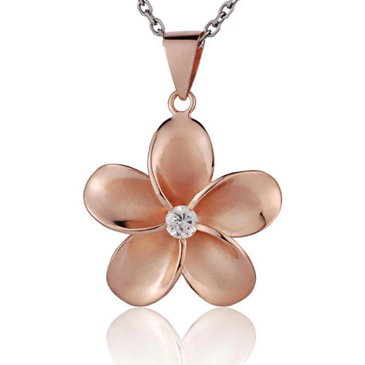 925 Sterling silver Plumeria CZ PG plated pendant, 30mm, featuring a floral design with sparkling cubic zirconia accents.