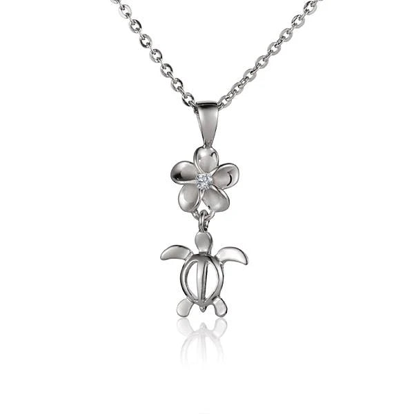 Hawaiian 925 Sterling Silver plumeria CZ Honu pendant with 8mm size, featuring a detailed turtle design on a rhodium finish.