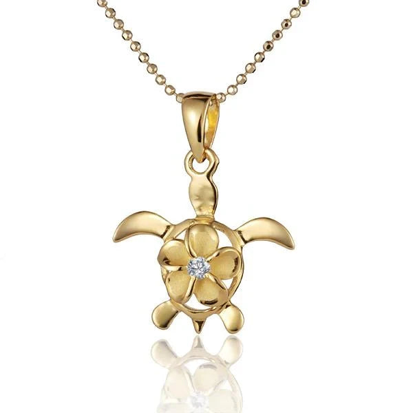 Hawaiian 925 Sterling Silver plumeria CZ Honu Rhodium YG Pendant, 8mm, featuring a tropical sea turtle design with vibrant.