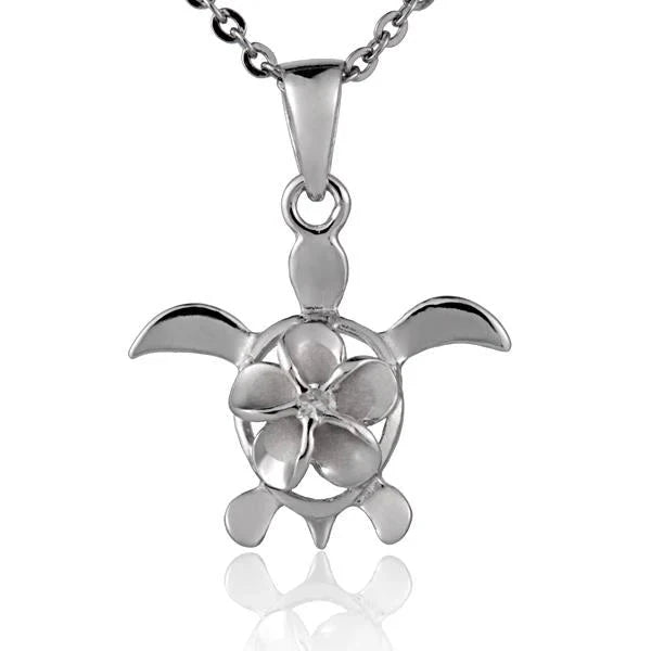 Hawaiian 925 Sterling Silver plumeria CZ Honu pendant with 8mm design, featuring rhodium finish and intricate ocean-inspired.