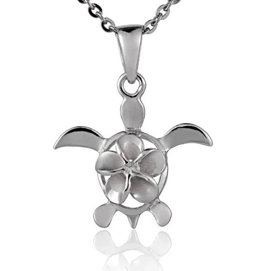 Sterling silver Plumeria CZ Honu rhodium pendant featuring an 8mm design, crafted by Ashley's Gift Shop.