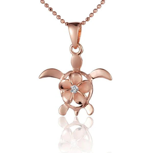 Sterling silver Plumeria CZ Honu rhodium pendant featuring an 8mm design, crafted by Ashley's Gift Shop.