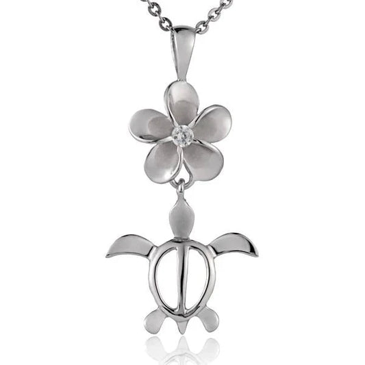 Sterling silver Plumeria CZ Honu pendant with 12mm size, featuring a rhodium finish and ocean-inspired turtle design.