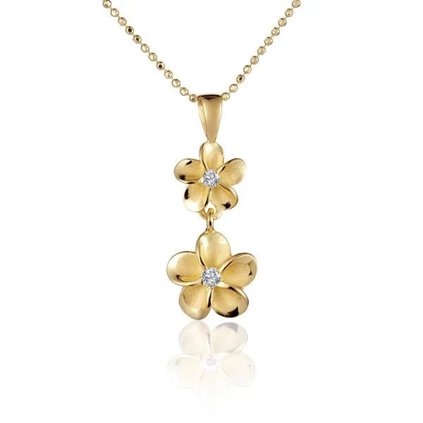 Hawaiian 925 Sterling Silver plumeria CZ pendant with yellow gold plating, 8/10mm size.