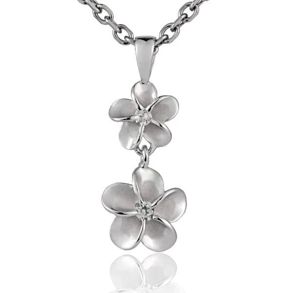 Hawaiian 925 Sterling Silver plumeria CZ pendant with rhodium plating, 8/10mm, featuring intricate floral design for elegant.