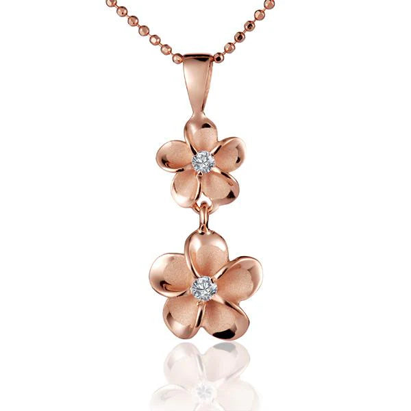 Hawaiian 925 Sterling Silver plumeria CZ PG pendant, 8/10mm size, featuring a floral design with pink cubic zirconia stones.