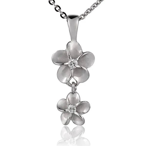 Hawaiian 925 Sterling Silver plumeria CZ rhodium pendant with 10/8mm flower design.