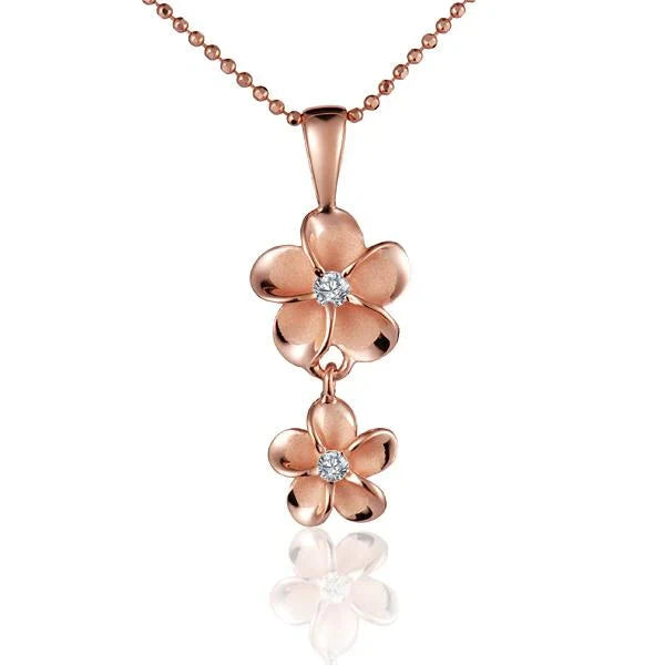 Hawaiian 925 Sterling Silver plumeria CZ PG pendant with 10/8mm size, featuring a delicate floral design and sparkling pink.