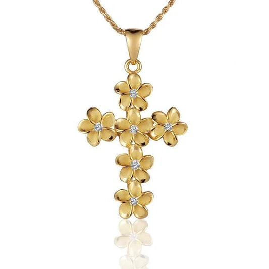 Sterling silver Plumeria CZ YG cross pendant, 8mm, featuring yellow gold-plated accents, designed for necklaces or chains.