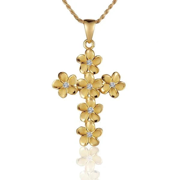 Hawaiian 925 Sterling Silver plumeria CZ YG cross pendant, 8mm size, featuring yellow gold-tone accents.