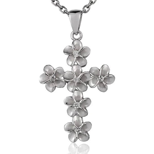 Sterling silver Plumeria CZ cross pendant with 8mm size, featuring rhodium plating and intricate floral design.