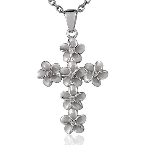Hawaiian 925 Sterling Silver plumeria CZ rhodium cross pendant, 8mm, featuring detailed floral design and shiny finish.