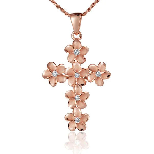 925 sterling silver Plumeria CZ PG cross pendant with 8mm design, featuring floral details and sparkling cubic zirconia accents.