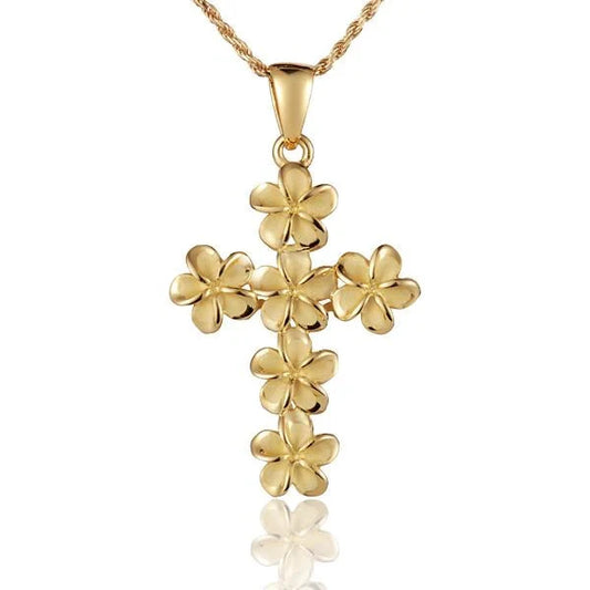 Sterling silver Plumeria YG Cross Pendant, 8mm, featuring intricate flower design, crafted from 925 silver.
