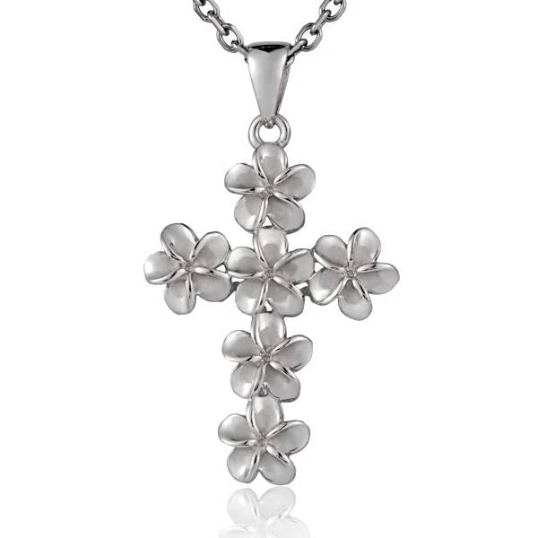 Hawaiian 925 Sterling Silver plumeria Rhodium Cross Pendant, 8mm, featuring intricate floral design and polished finish.