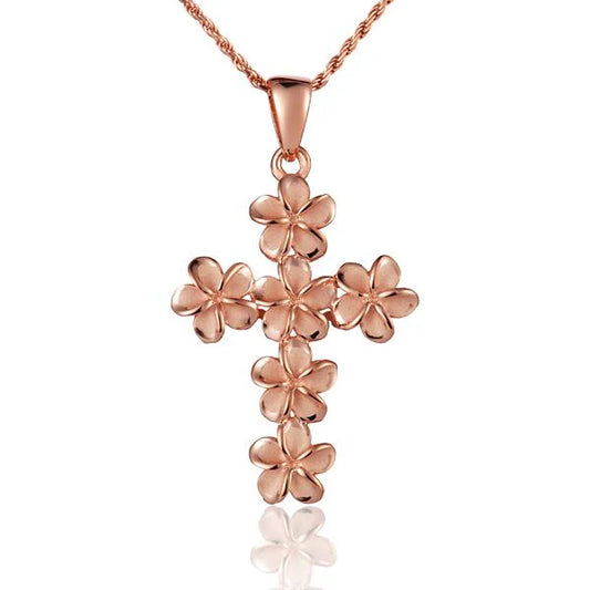 Sterling silver Plumeria PG cross pendant with 8mm size, featuring intricate floral design, crafted by Ashley's Gift Shop.