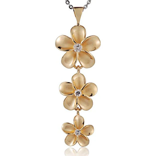 925 sterling silver Plumeria CZ pendant in yellow gold plating, 18/15/12mm size, featuring a floral design with sparkling cubic zirconia.