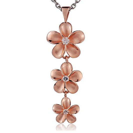 Sterling silver Plumeria CZ PG plated pendant in 18mm, 15mm, or 12mm size with floral design, perfect for jewelry making.