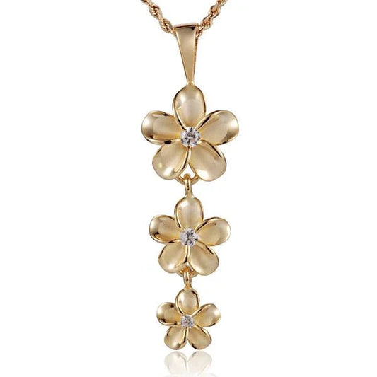 Sterling silver Rhodium Plumeria CZ pendant in 12mm, 10mm, and 8mm sizes featuring a floral design with sparkling cubic zirconia accents.