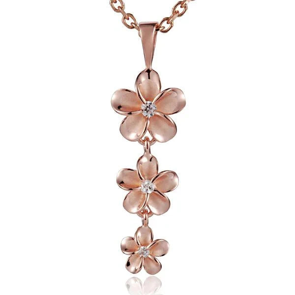 Hawaiian 925 Sterling Silver rhodium Plumeria CZ pendant in 925 sterling silver with 12, 10, and 8mm sizes.