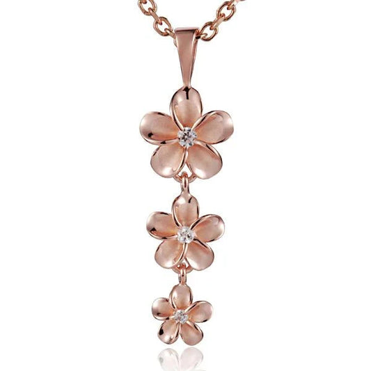 Rhodium Plumeria CZ pendant in 12/10/8mm with 925 sterling silver, featuring a delicate floral design and sparkling cubic zirconia stones.