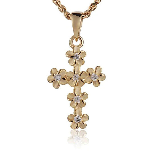925 sterling silver Plumeria CZ cross pendant with yellow gold plating, featuring 4mm cubic zirconia, on a chain.