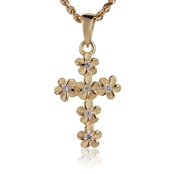 Hawaiian 925 Sterling Silver plumeria CZ cross pendant with 4mm yellow gold plating, featuring detailed floral design.