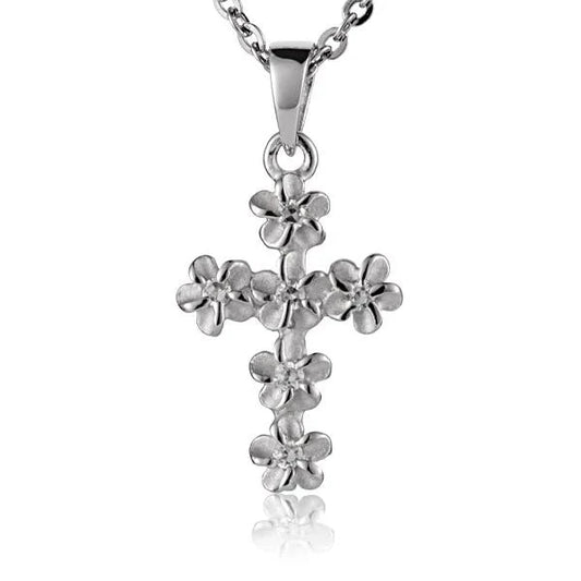 Sterling silver Plumeria CZ cross pendant with 4mm cubic zirconia, crafted in rhodium finish, elegant jewelry accessory