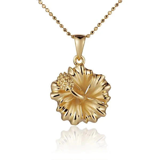 Rhodium-plated hibiscus pendant in 925 sterling silver, 15mm size, featuring intricate floral design, jewelry accessory.