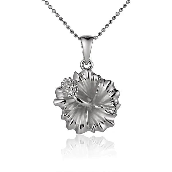 Hawaiian 925 Sterling Silver hibiscus Rhodium Pendant, 15mm, with detailed floral design.