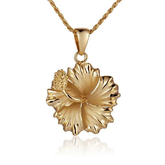 Rhodium-plated hibiscus pendant in 925 sterling silver, 20mm size, featuring a floral design with intricate details.