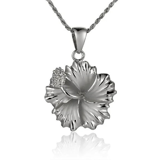 Sterling silver Hibiscus Rhodium Pendant, 20mm, showcasing intricate floral design on a shiny 925 silver necklace.