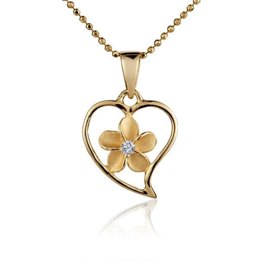 Sterling silver Heart Plumeria pendant in small size with yellow gold plating, featuring intricate floral design, by Ashley's Gift Shop.