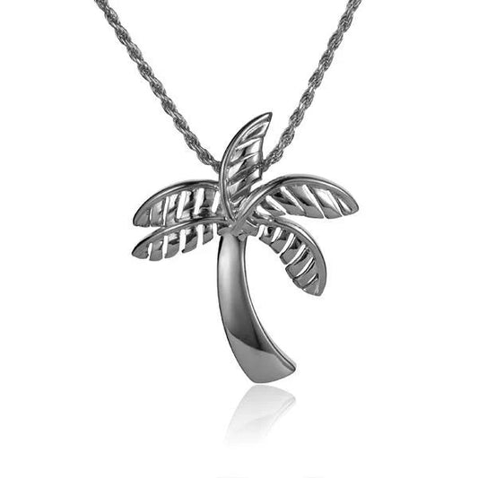 Rhodium plated palm tree pendant made of 925 sterling silver, featuring detailed palm leaf design, perfect for necklace jewelry.