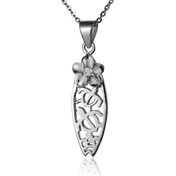 Hawaiian 925 Sterling Silver plumeria 3Honu surfboard pendant with floral and wave design.