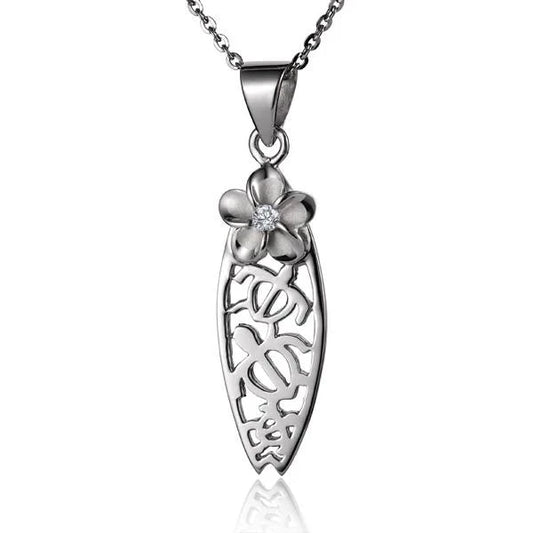 Sterling silver Plumeria 3Honu surfboard pendant with intricate Hawaiian design, crafted in 925 silver.