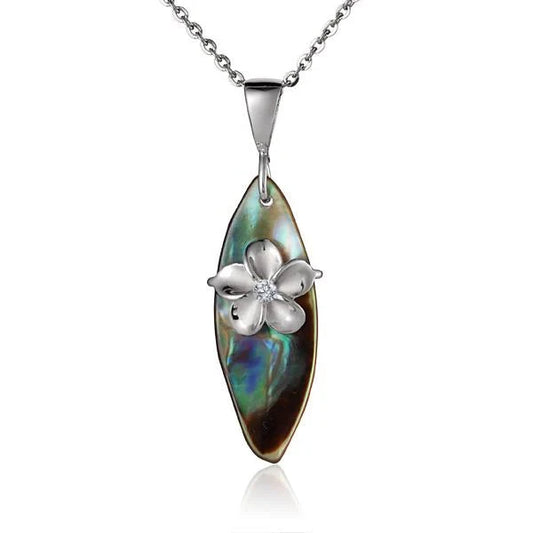 925 silver Rhodium Plumeria on abalone surfboard pendant with 8mm design, showcasing intricate flower and ocean-inspired details.