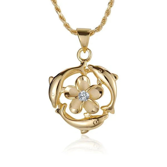 Sterling silver dolphin pendant with plumeria flower and CZ accents, 8mm size, yellow gold plated, designed by Ashley's Gift Shop