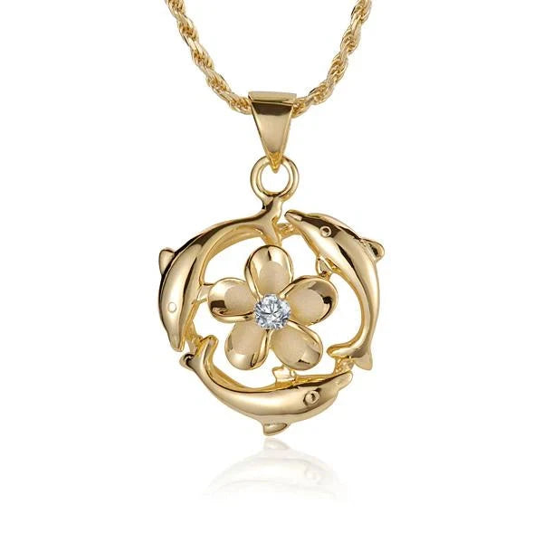 Hawaiian 925 Sterling Silver dolphin pendant with plumeria CZ accents, 8mm size, yellow gold plated.