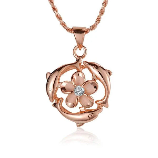 Sterling silver 3D dolphin pendant with plumeria CZ accents, 8mm, crafted in PG plated finish for a stylish jewelry piece.