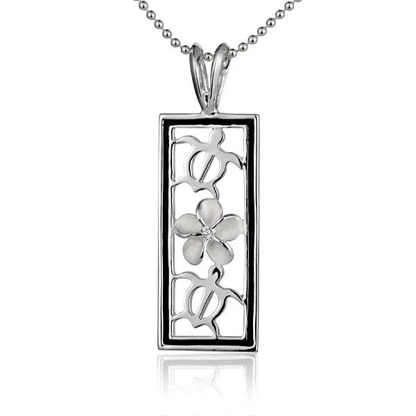 Hawaiian 925 Sterling Silver square Honu Plumeria B/B pendant made of 925 sterling silver with tropical plumeira design.