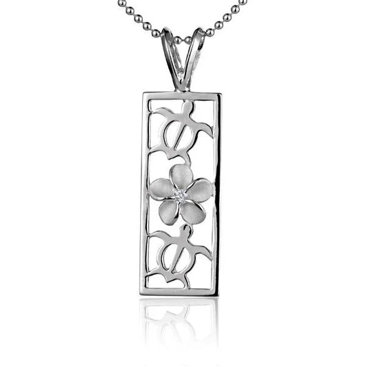Square Honu Plumeria pendant featuring a Hawaiian turtle and flower design, crafted with intricate details, by Ashley's Gift Shop.