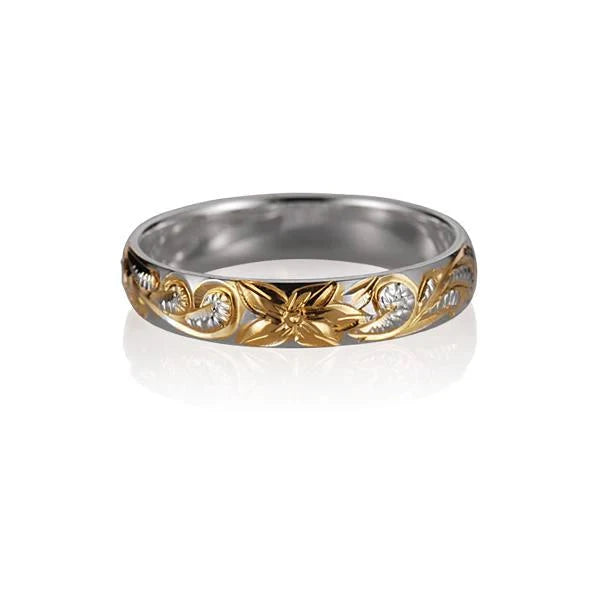 Hawaiian 925 Sterling Silver 4mm Scroll YG plated ring with intricate design.