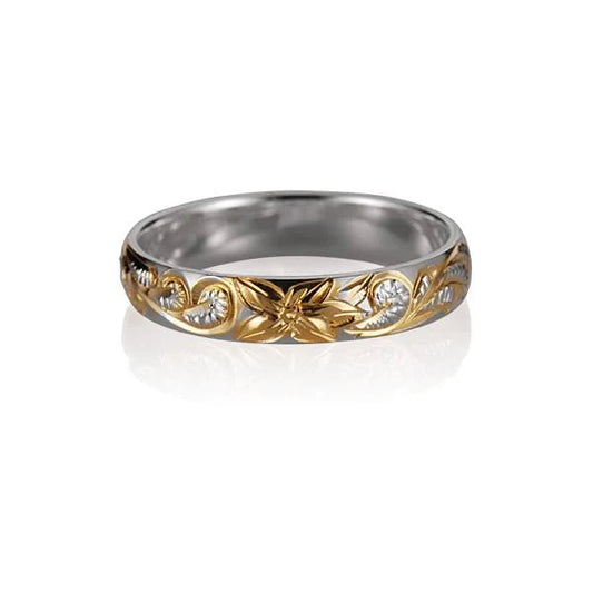 Sterling silver Scroll YG plated ring with 4mm band, featuring intricate engraved design, crafted by Ashley's Gift Shop.